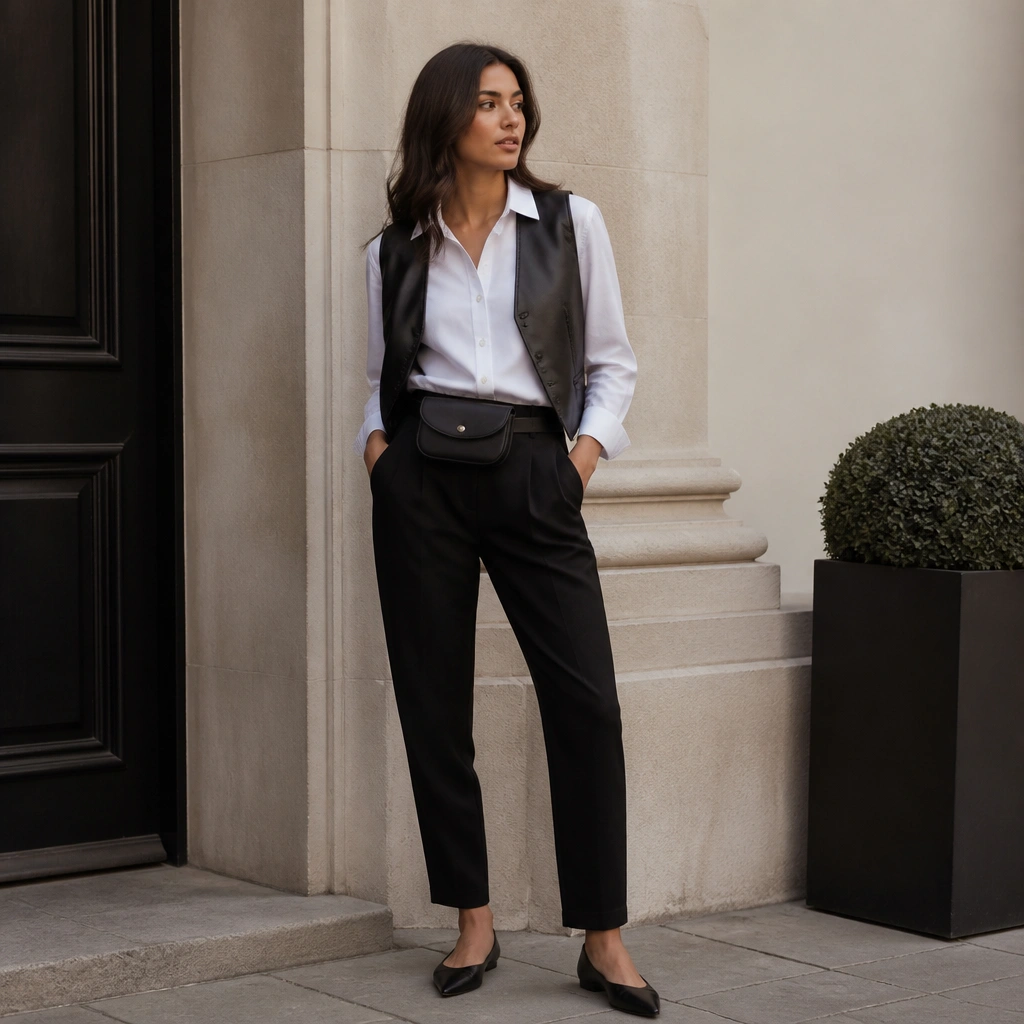 Crisp white button-front shirt partially tucked into black tapered trousers; black leather vest layered open; pointed-toe flats and a belt bag.