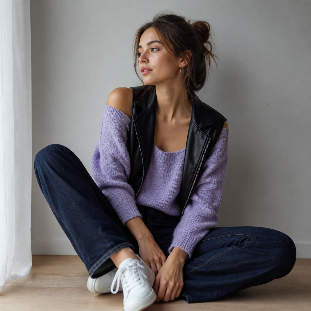 Lavender knit sweater worn off-the-shoulder style or relaxed neckline; dark indigo jeans; black leather vest open over the sweater; white sneakers and small hoop earrings.