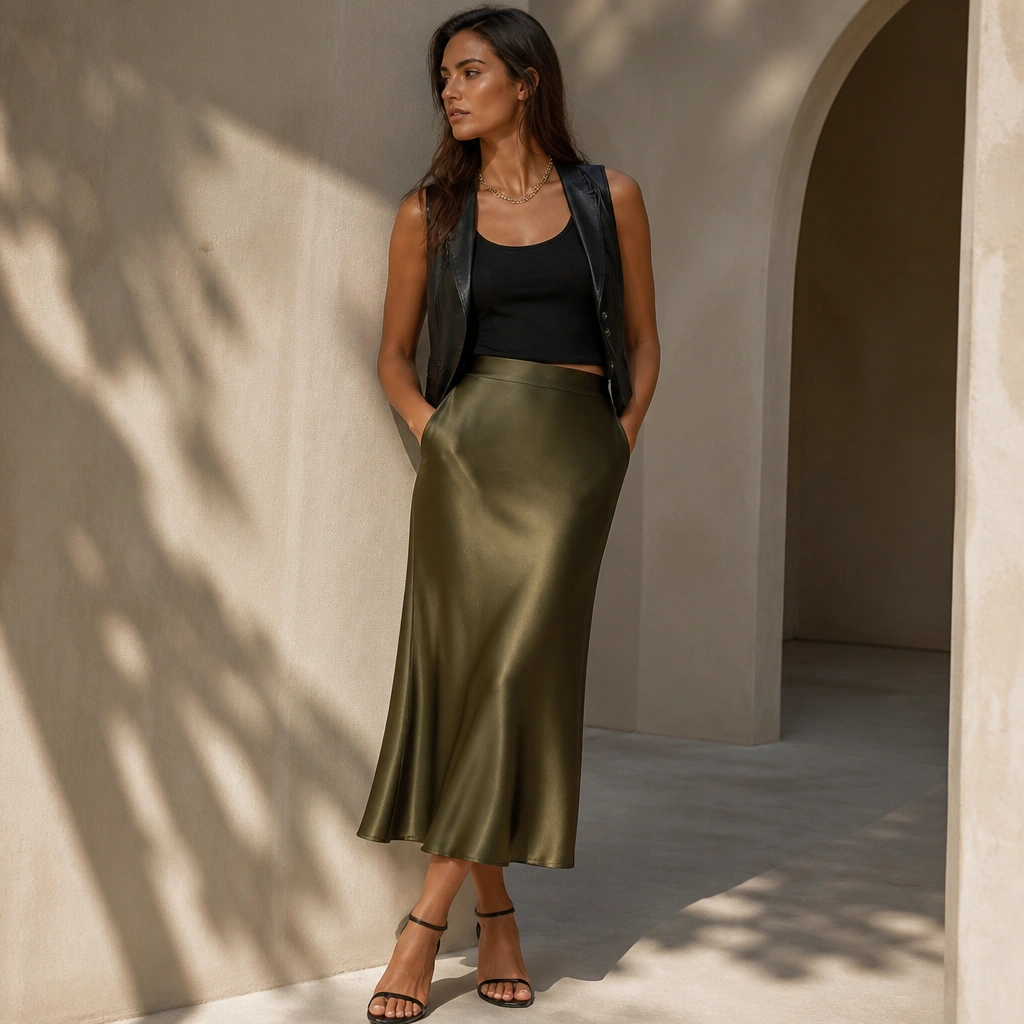 Black tank tucked into an olive satin midi skirt with a slight sheen; black leather vest layered on top; gold necklace; strappy sandals.