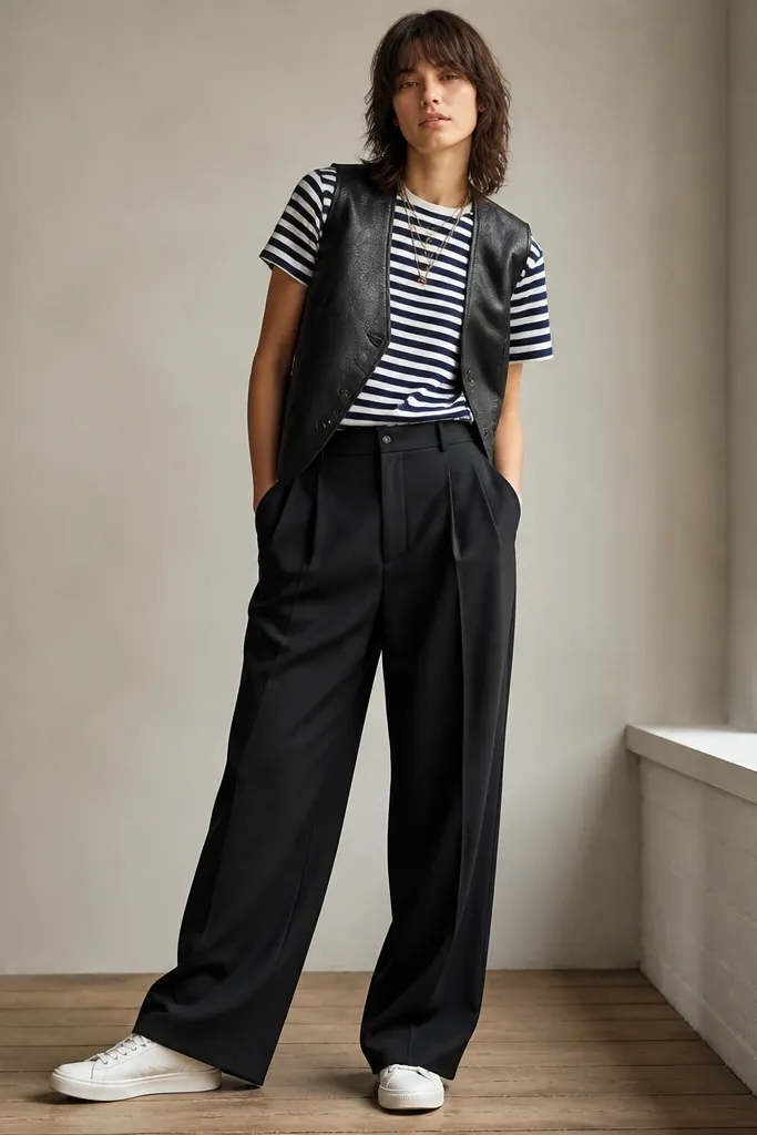 Navy-and-white striped tee worn tucked into black wide-leg pants; black leather vest open; white low-top sneakers; layered necklaces.