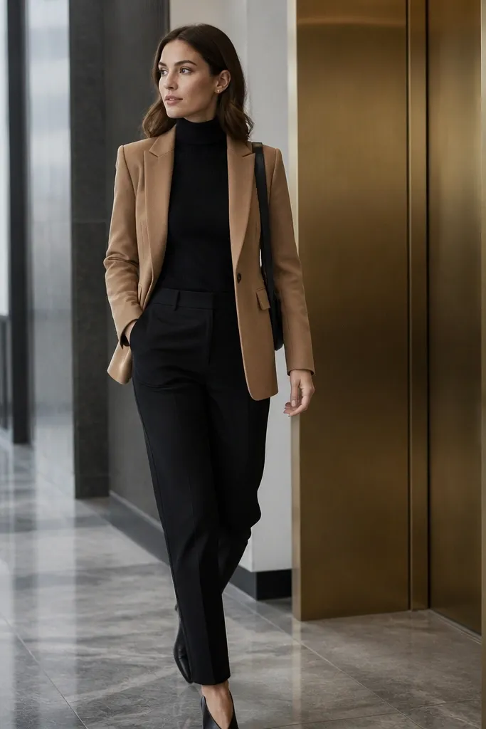 Camel blazer over a black ribbed turtleneck with slim black trousers and black ankle boots
