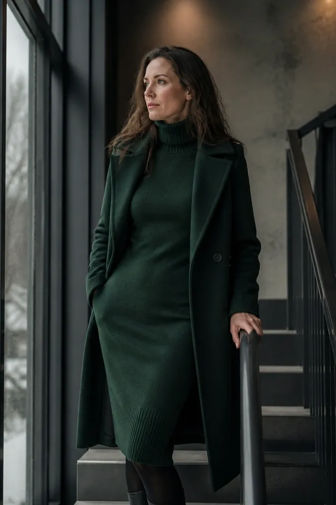 Forest green sweater dress with a tailored overcoat and black knee-high boots