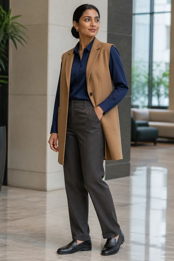Navy blouse under a camel vest with straight wool pants and brown leather loafers