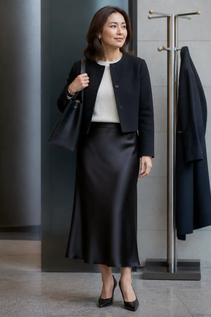 Ivory knit sweater tucked into a black satin-look midi skirt with a cropped jacket and black boots