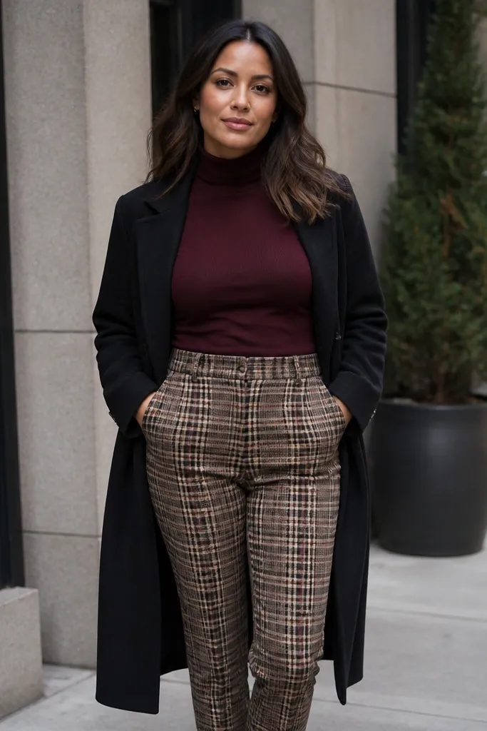 Burgundy turtleneck with camel plaid trousers and a black long coat with black boots