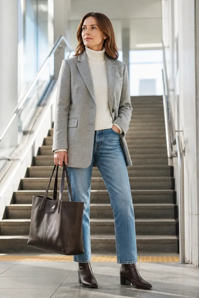 Light gray blazer over a white knit turtleneck with straight-leg blue jeans and brown boots