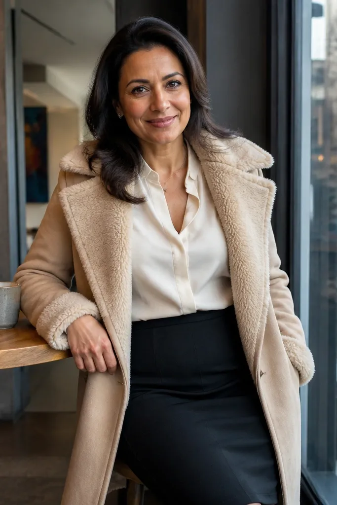 Cream blouse tucked into a black pencil skirt with a coat that has shearling trim and black heels