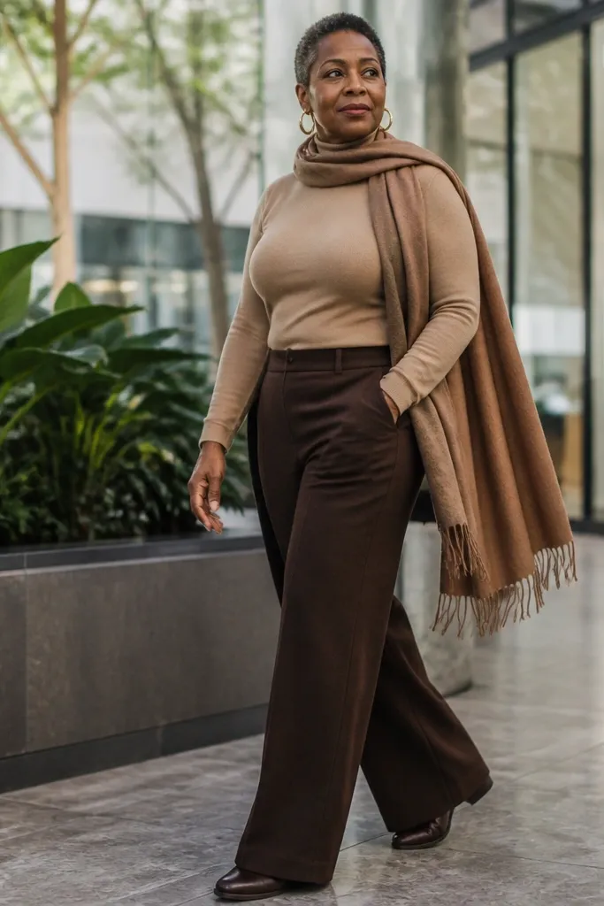 Camel turtleneck with chocolate wide-leg trousers and a long scarf with tall boots
