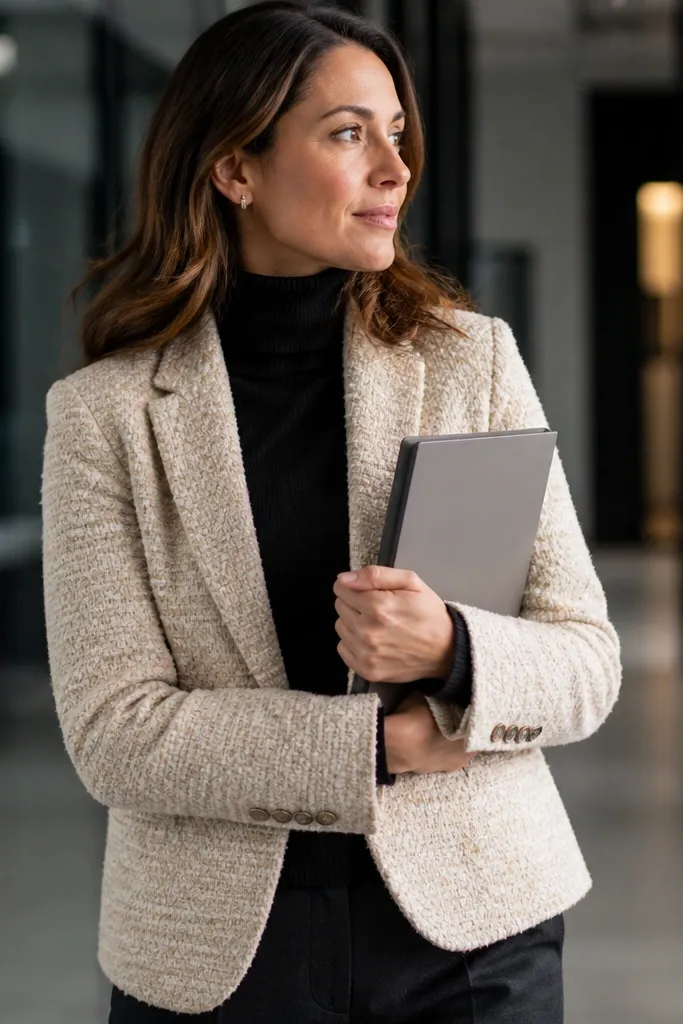 Black turtleneck with a cream boucle blazer and straight trousers plus black ankle boots