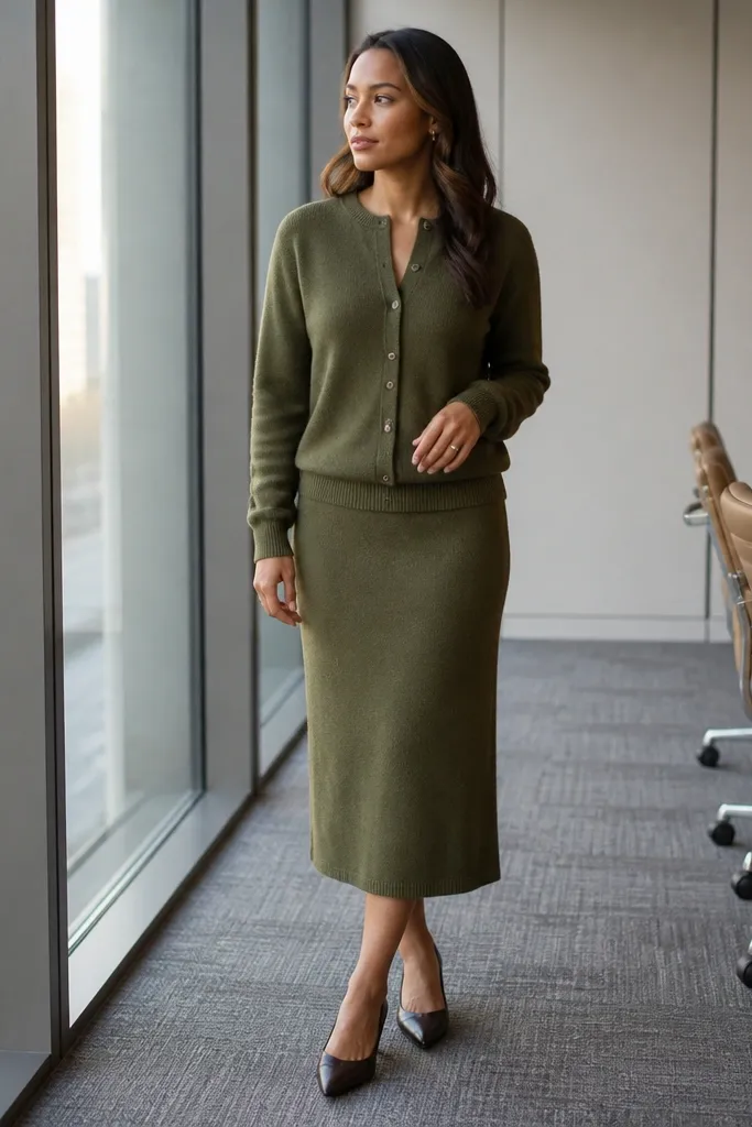 Olive cardigan and matching skirt with pointed flats and a belt bag