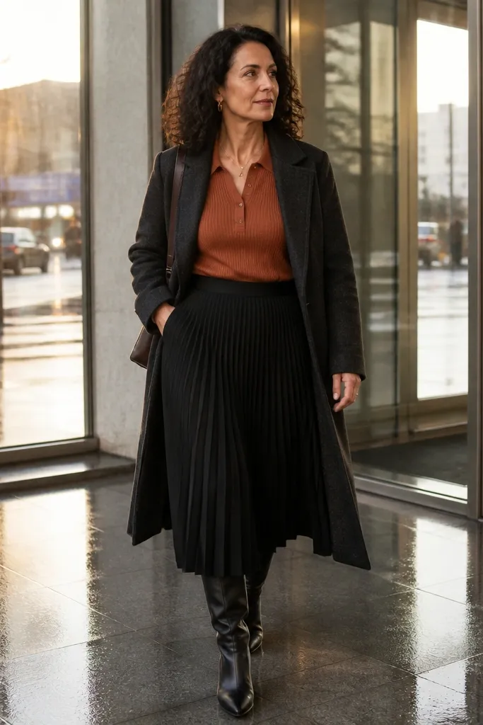 Rust knit polo with a black pleated midi skirt and a long dark coat with loafers