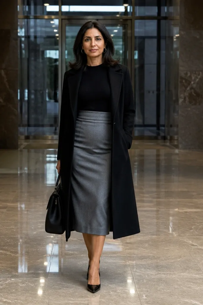 Black sweater with a silver-gray pencil skirt and a longline coat with black heels