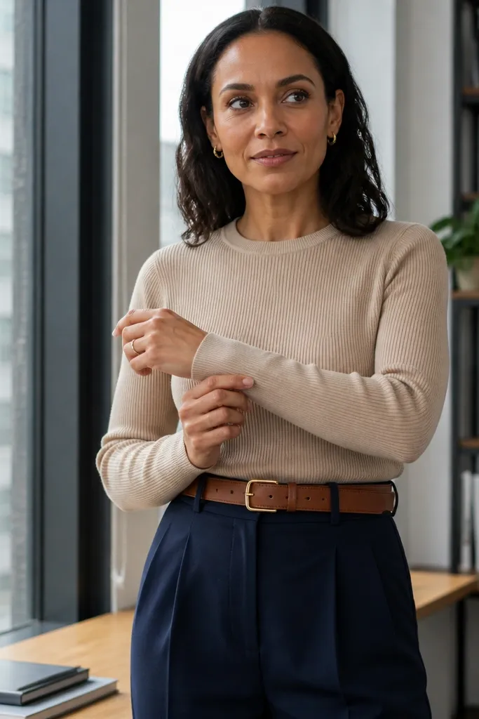 Sand ribbed sweater with navy pleated trousers and a cognac belt plus brown boots