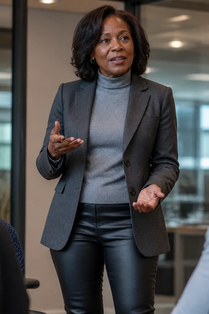 Gray turtleneck with black leather-look leggings and a tailored blazer plus ankle boots