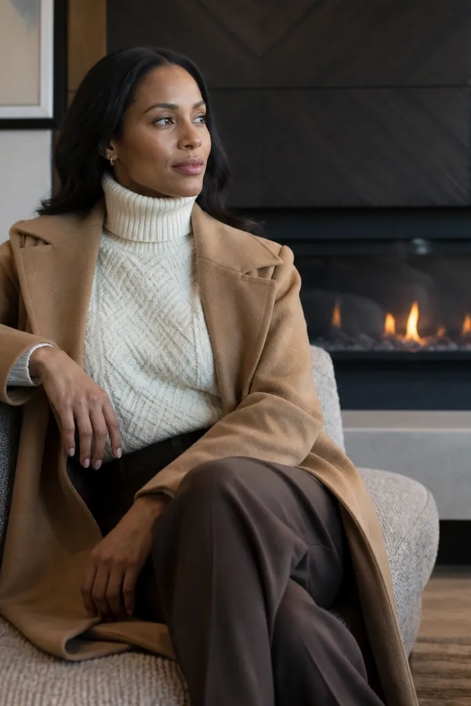 Ivory cable turtleneck with espresso pleated trousers and camel overcoat