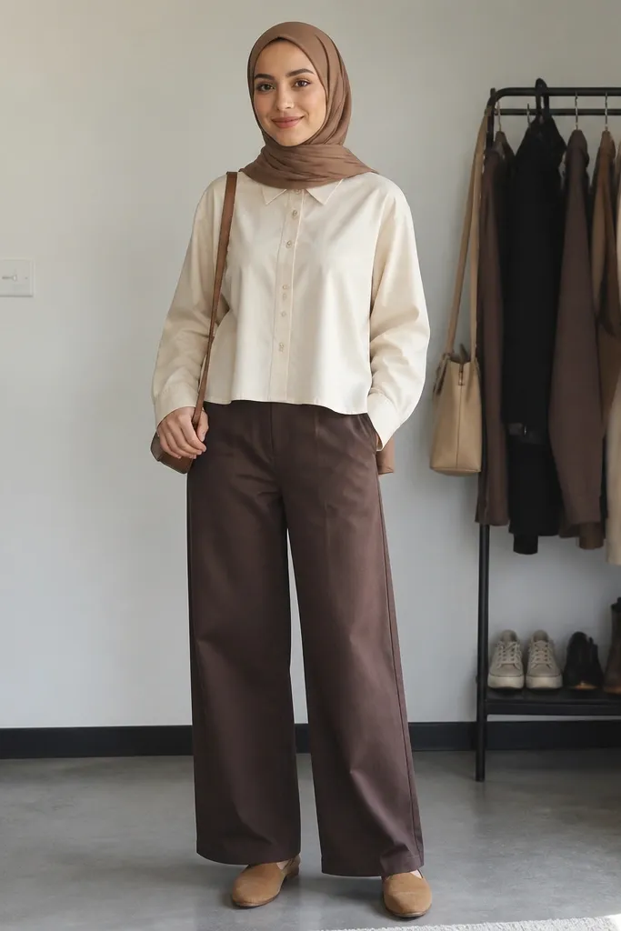 Cocoa wide-leg trousers with a cream boxy shirt and caramel hijab