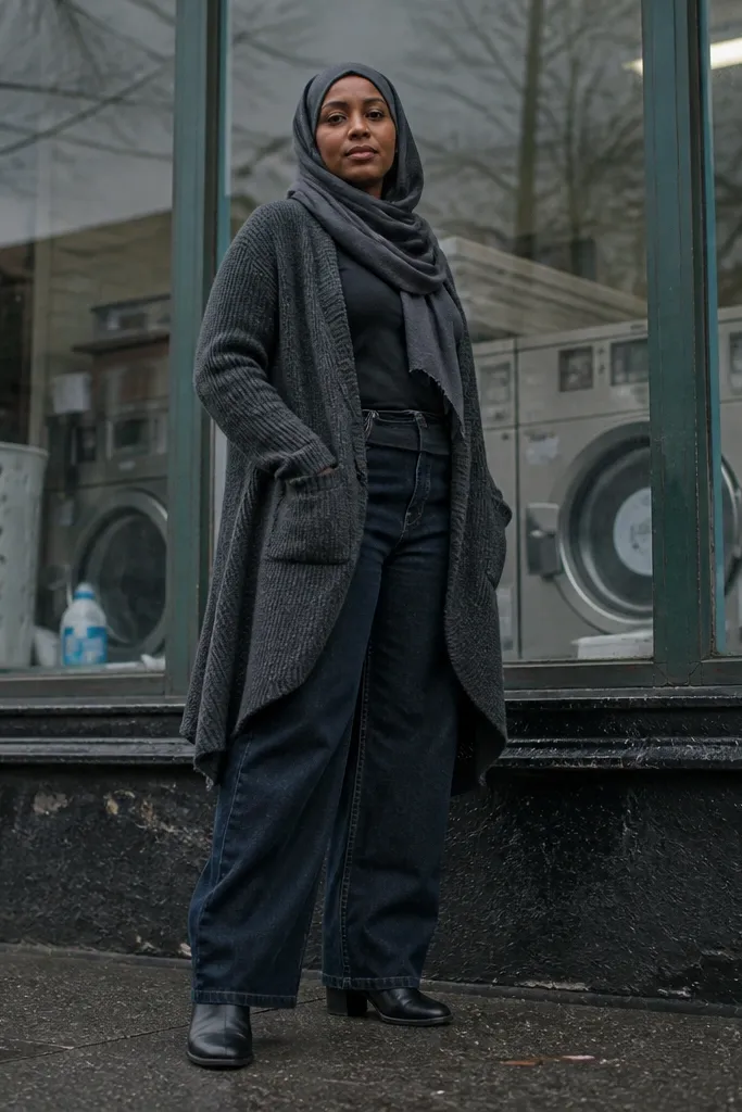 Black baggy jeans with a long charcoal cardigan and slate hijab
