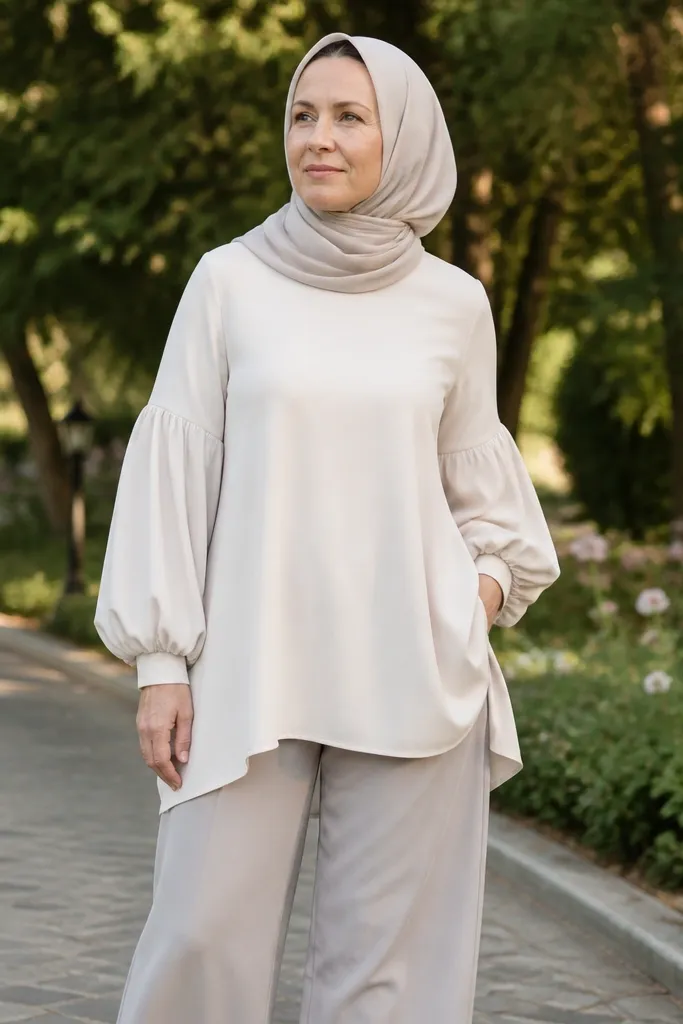 Ivory tunic with balloon sleeves over straight baggy trousers