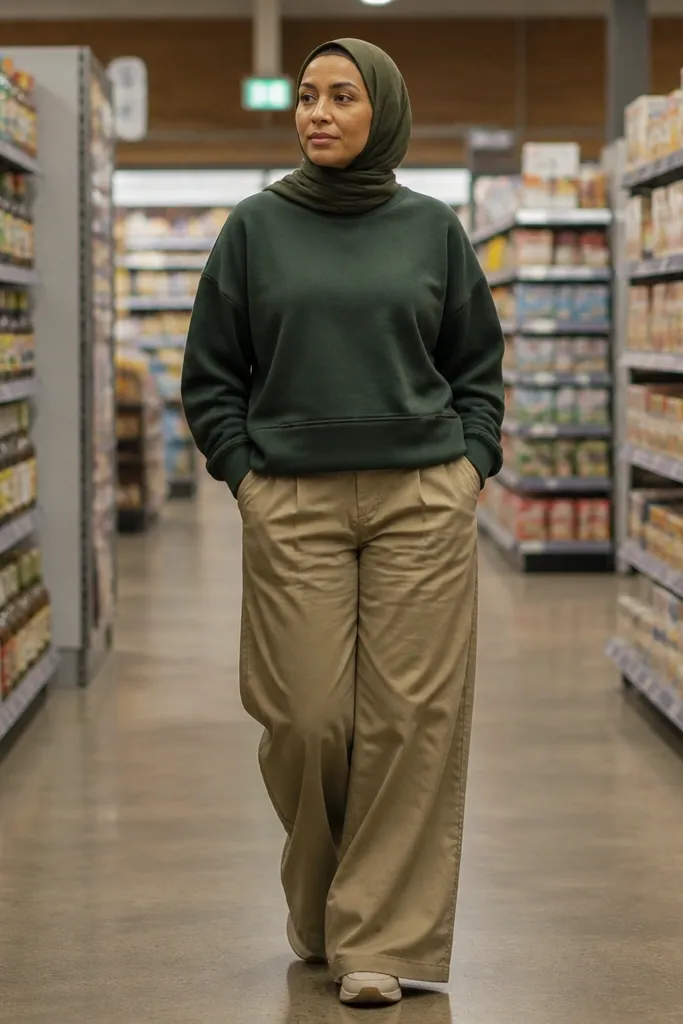 Forest green oversized sweatshirt with wide-leg khaki pants and matching hijab
