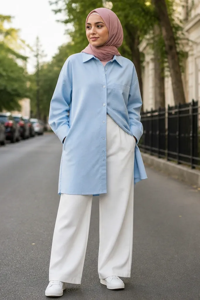 Sky blue overshirt with white wide trousers and dusty rose hijab