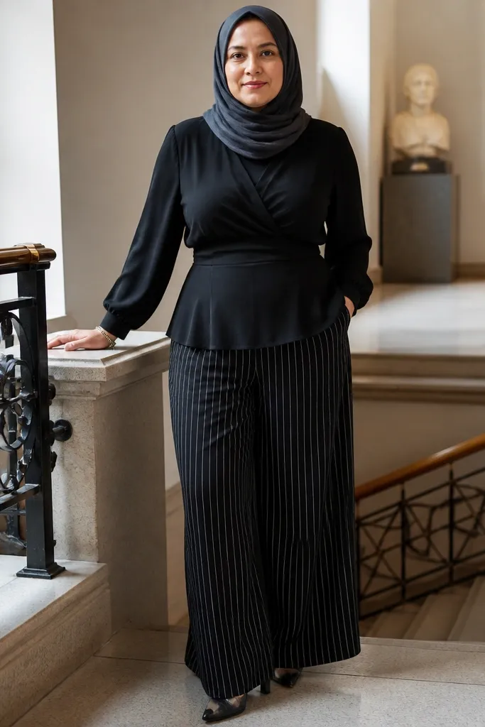 Pinstripe wide-leg pants with a black wrap top and charcoal hijab