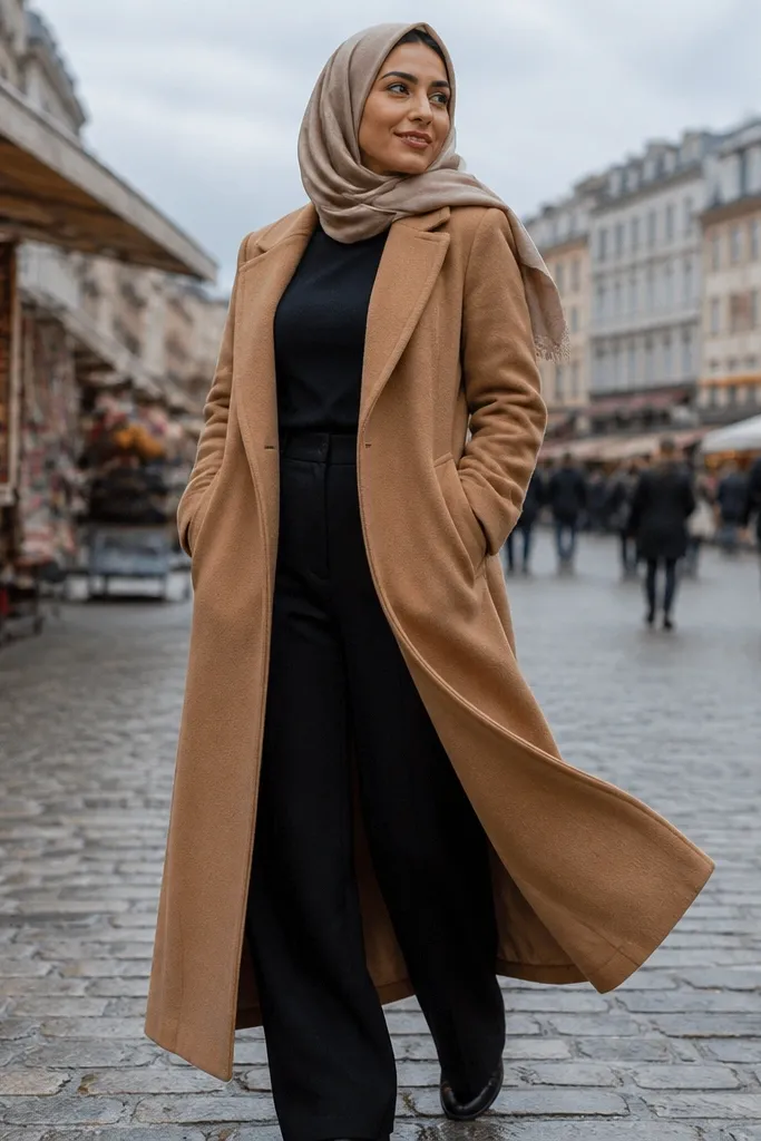 Camel longline coat over black wide trousers and beige hijab