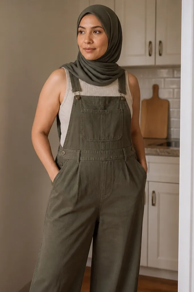 Cream ribbed tank with olive baggy overalls and olive-gray hijab