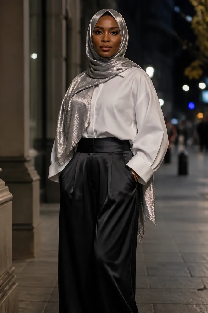 Black satin-look wide pants with a white oversized shirt and silver hijab