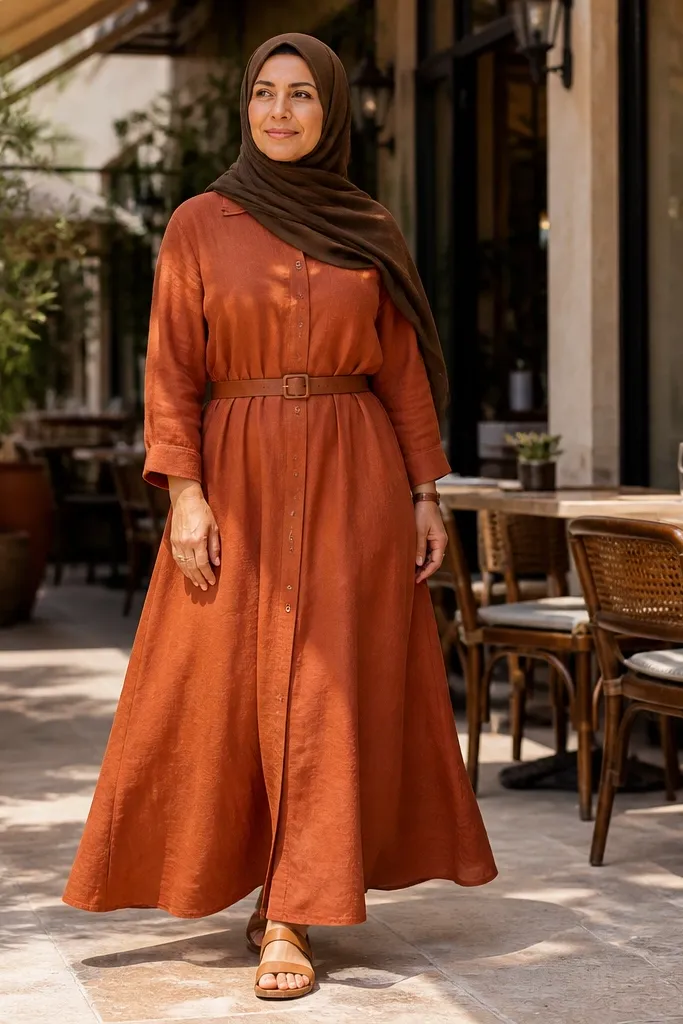 Rust linen-blend shirt dress with a belt and dark brown hijab