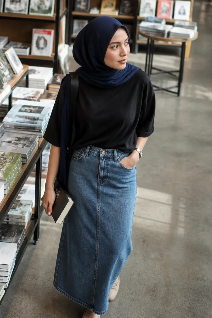 Denim maxi skirt with an oversized black tee and indigo hijab