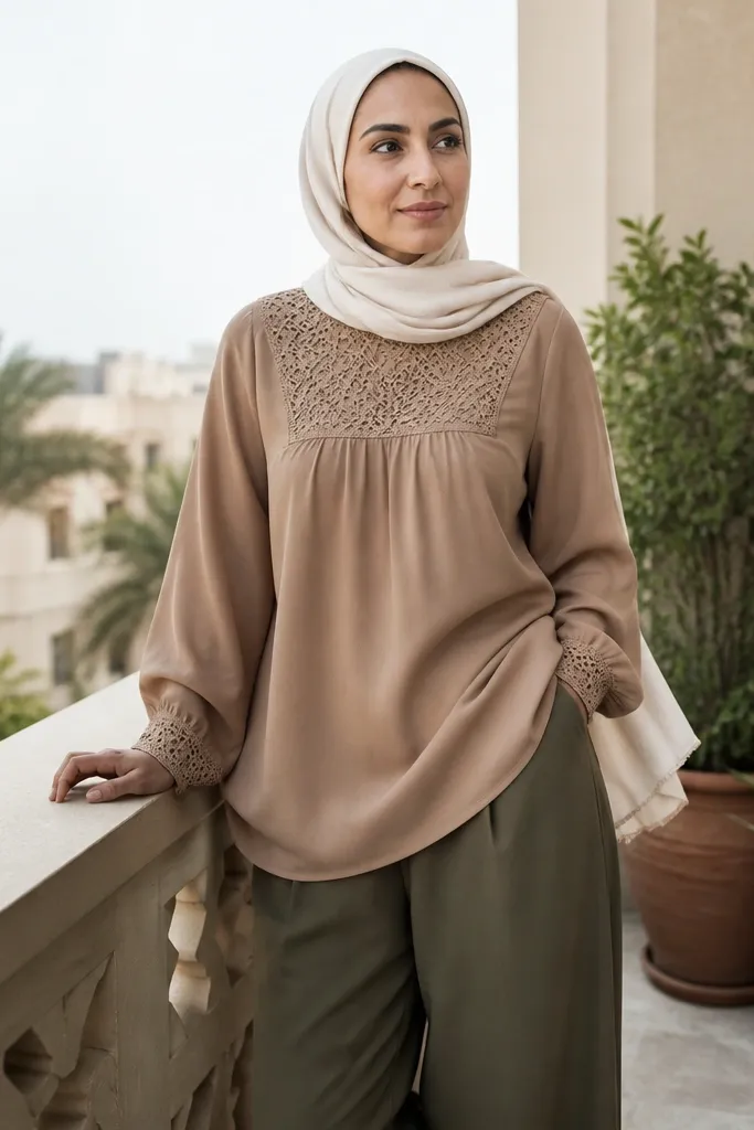 Mocha crochet-trim blouse with olive wide trousers and cream hijab