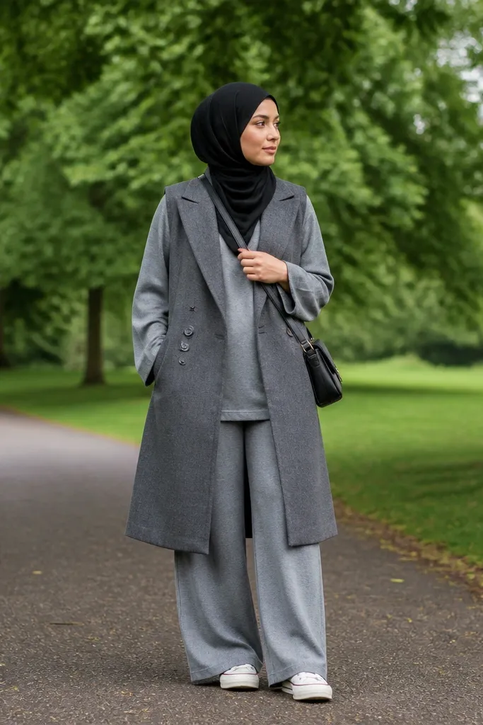 Gray jersey co-ord with a longline vest and black hijab
