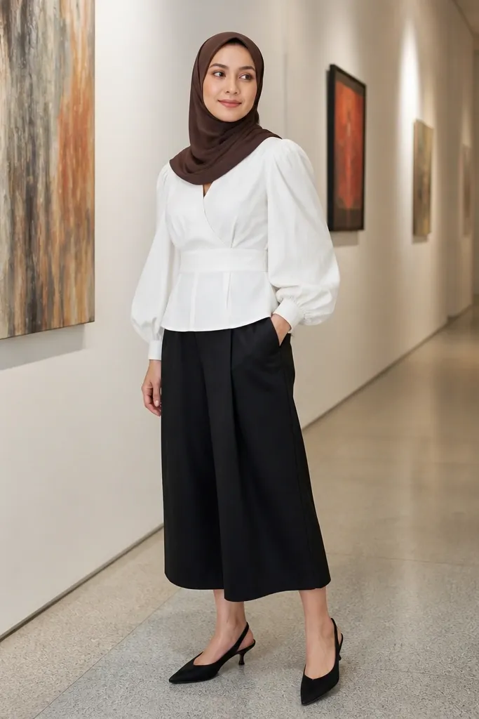 White blouse with puff sleeves and oversized black culottes