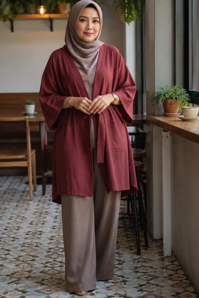 Maroon kimono-style cardigan over taupe wide trousers and taupe hijab