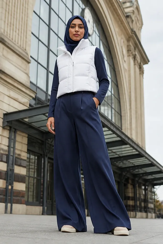 Navy wide-leg trousers with a cropped white puffer vest and navy hijab