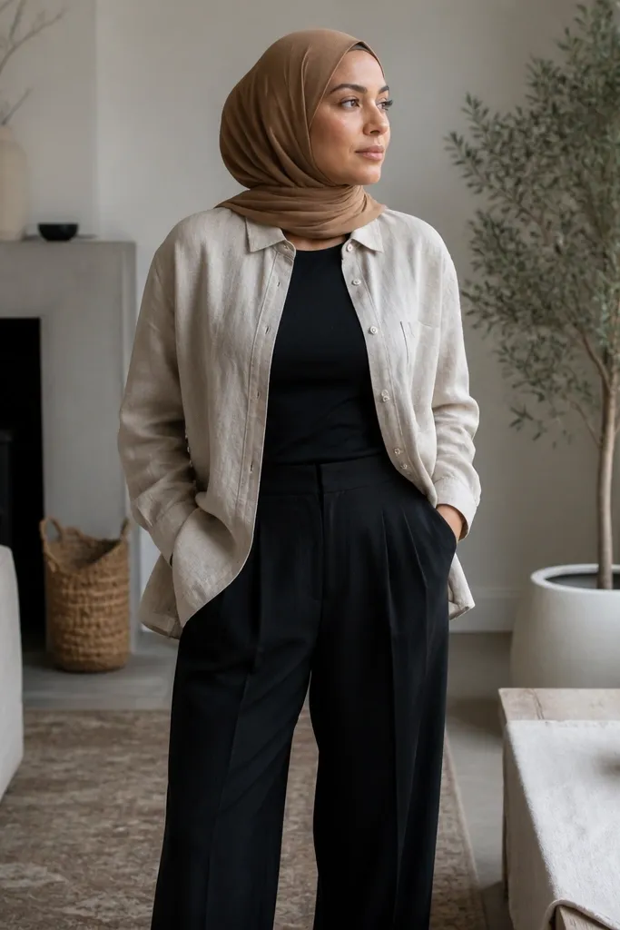 Sand linen button-down with black wide trousers and camel hijab