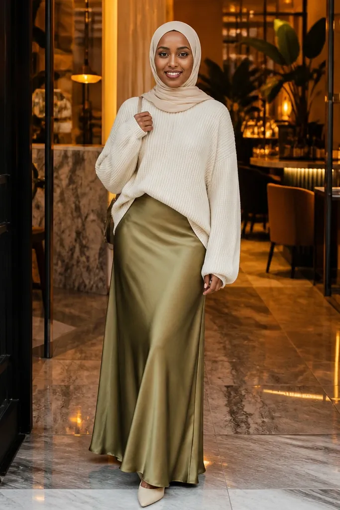 Olive satin-look skirt with an oversized knit sweater and cream hijab
