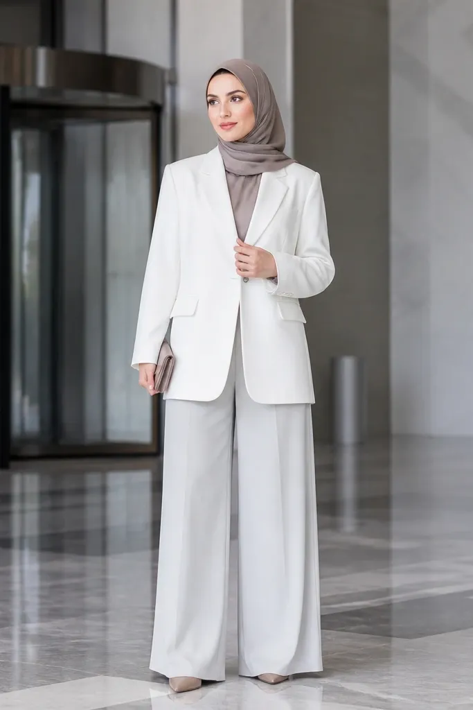 Light gray wide-leg trousers with a white oversized blazer and taupe hijab