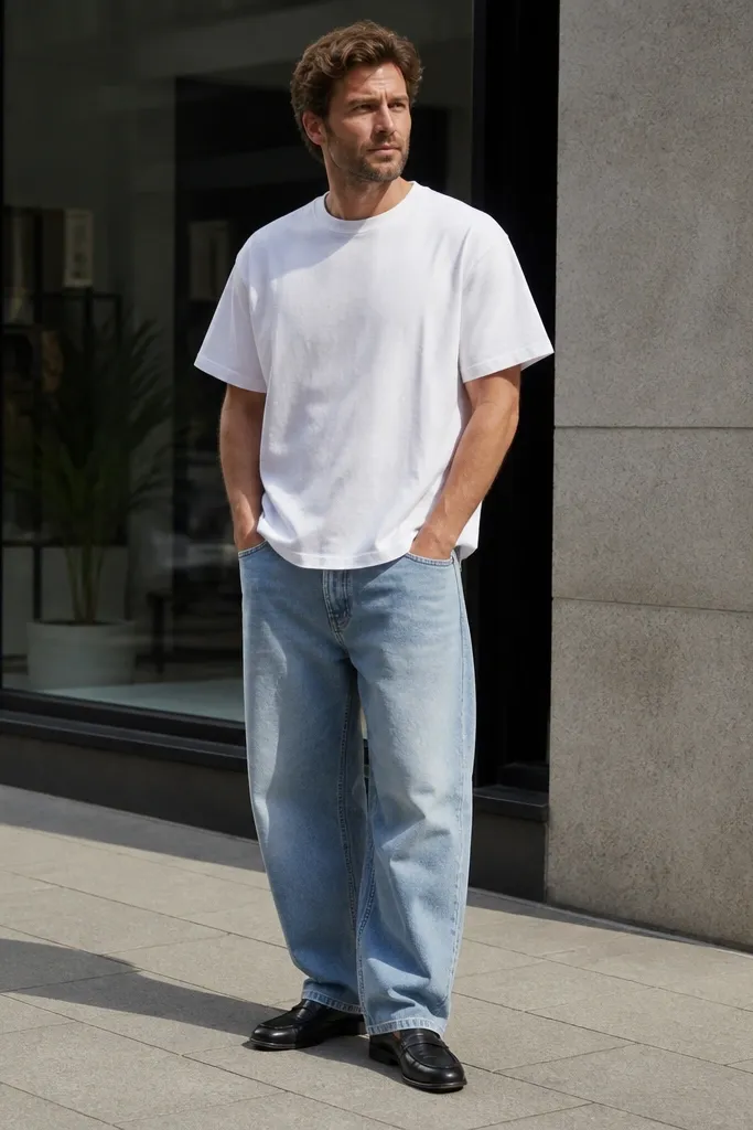 Light blue baggy jeans with a white heavy tee and black leather loafers