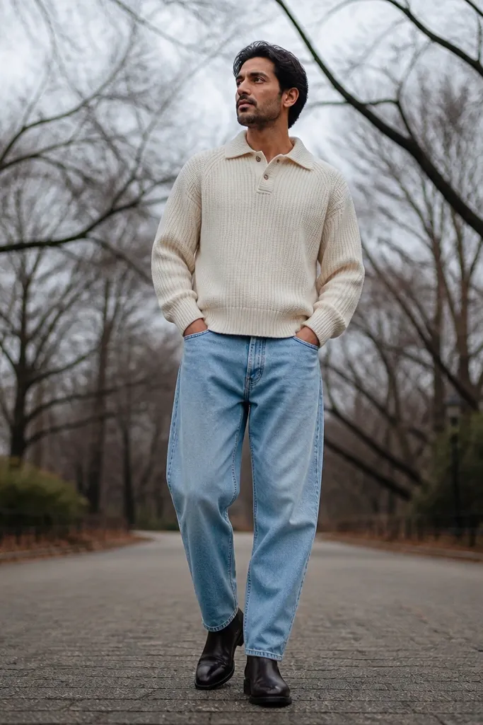Light blue baggy jeans with a cream knit polo and dark brown Chelsea boots
