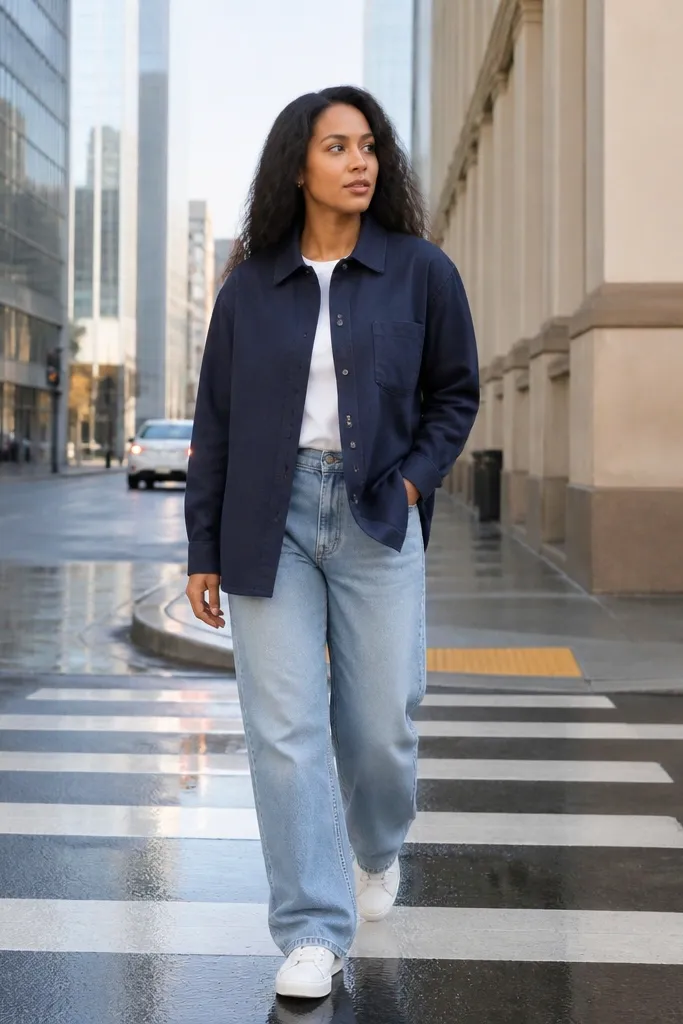 Light blue baggy jeans with a navy overshirt and white sneakers