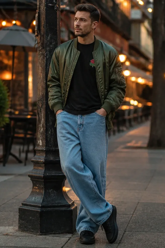 Light blue baggy jeans with a black graphic tee and olive bomber jacket