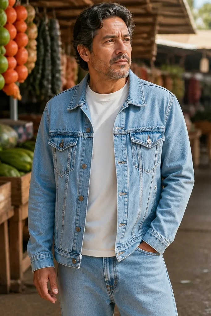 Light blue baggy jeans with a light blue denim jacket and off-white tee
