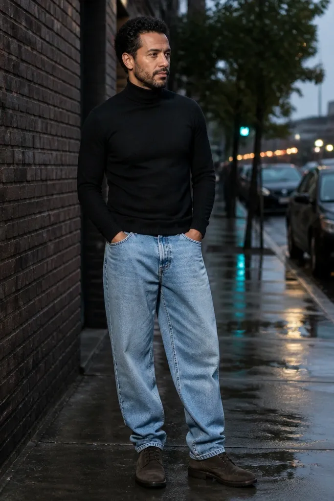 Light blue baggy jeans with a black turtleneck and charcoal chukka boots