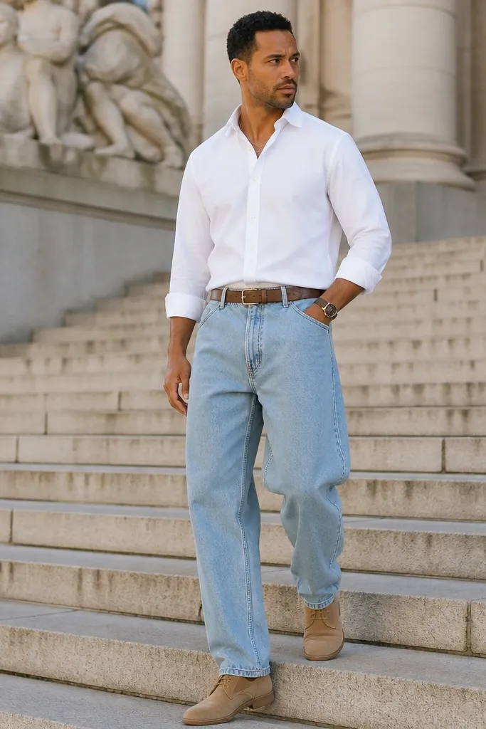 Light blue baggy jeans with a white oxford shirt and tan suede desert boots