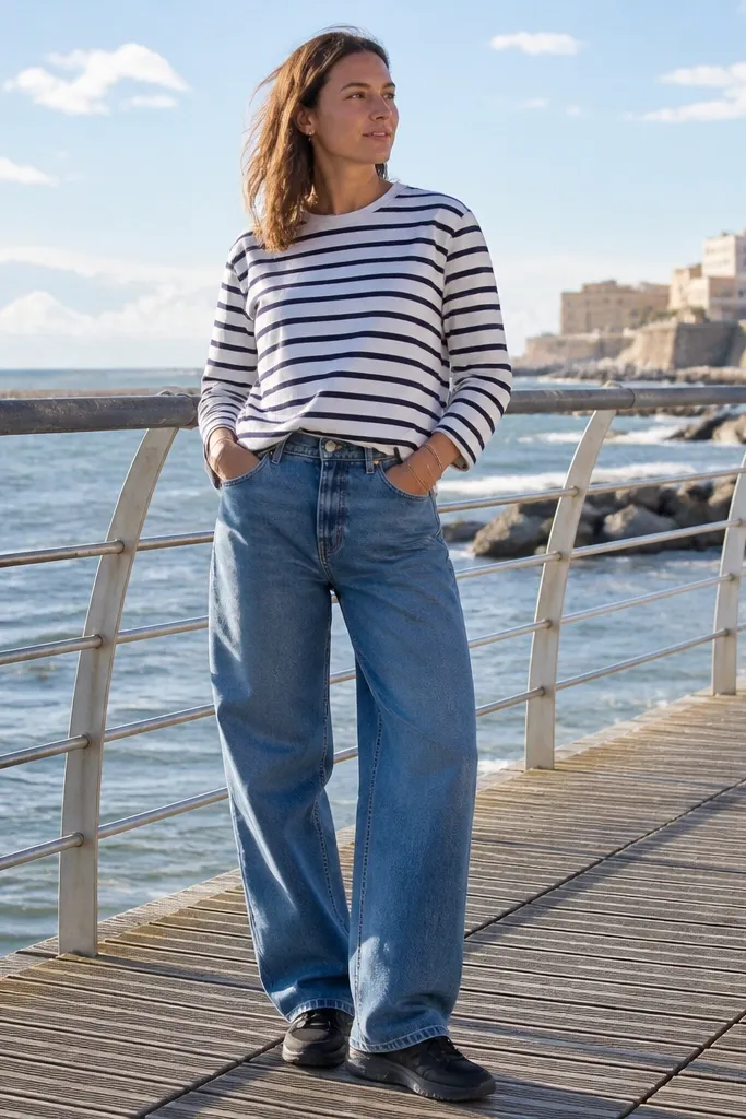 Light blue baggy jeans with a navy and white striped tee and black sneakers