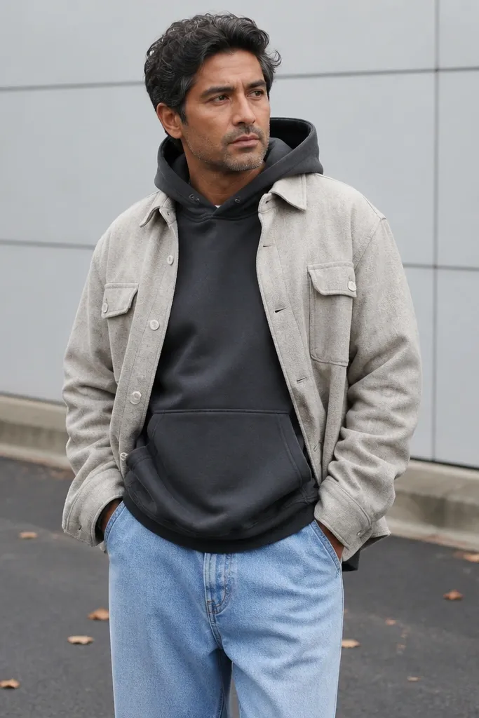 Light blue baggy jeans with a charcoal hoodie and open stone overshirt