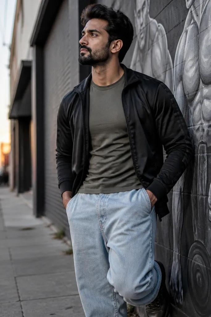 Light blue baggy jeans with an olive tee and unzipped black track jacket