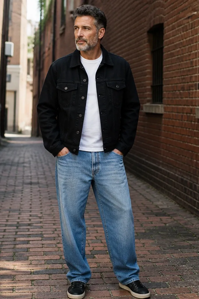 Light blue baggy jeans with a black denim jacket and white tee
