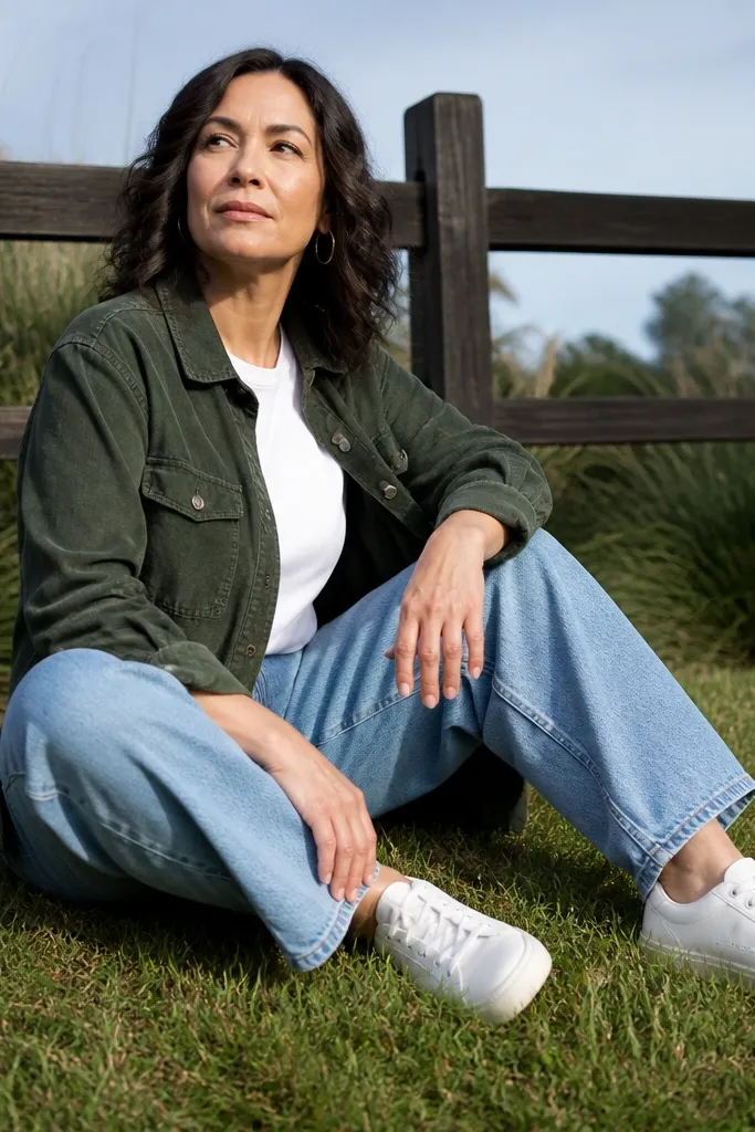 Light blue baggy jeans with a forest green overshirt and white low-top sneakers